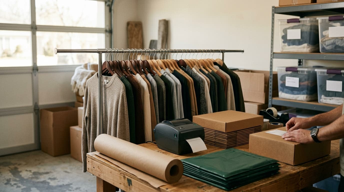 A home reselling operation: garment rack, inventory bins, and a packing station